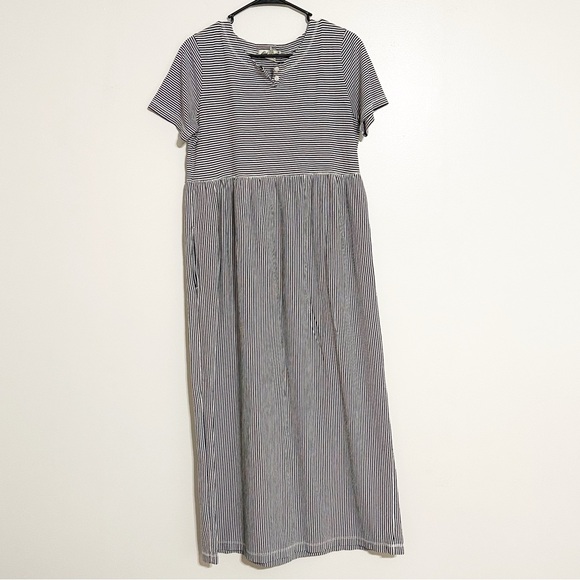 Eddie Bauer Vintage Tee Shirt Button Cotton Striped Short Sleeve Maxi Dress - Picture 1 of 6